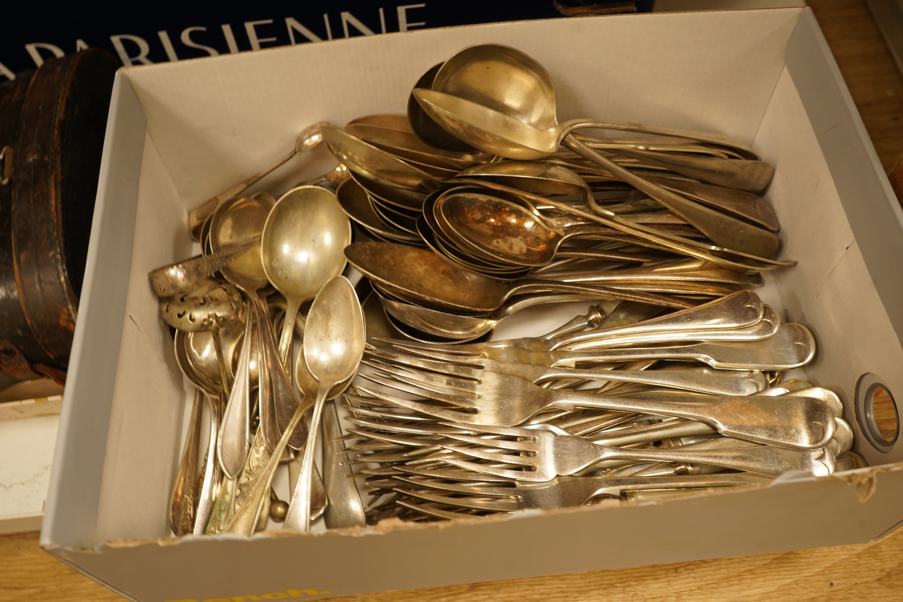 An early 20th century Mappin & Webb canteen and assorted plate other cutlery a boxed set of black enamelled studs and cufflinks etc